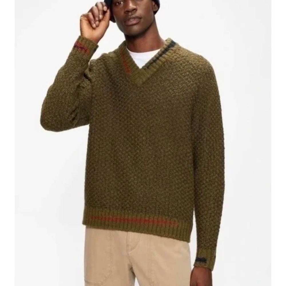 Ted Baker Sweater Mens 6 Green V-Neck Wool Blend Textured Newtub Stripe Trim